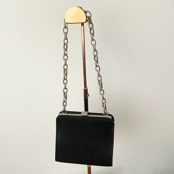 Mini Black Satin Handbag with Silver Chain Top Handle - Picture 1 of 10